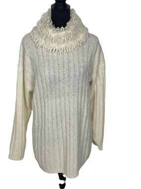 CARDUCCI Women Long Sleeve Fringed Turtleneck‎ Pullover Sweater Sz S Ivory 17-4